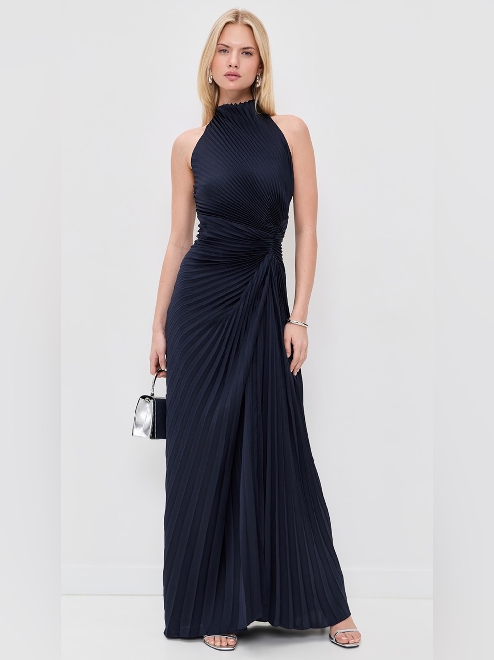 NWOT A.L.C. Romy Pleated Satin Gown in Navy Blue, Size US 0/2/4/6/8